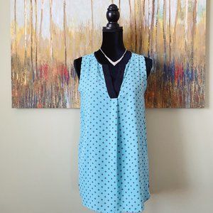 LOFT Blue and Black Polka Dot V-Neck Blouse